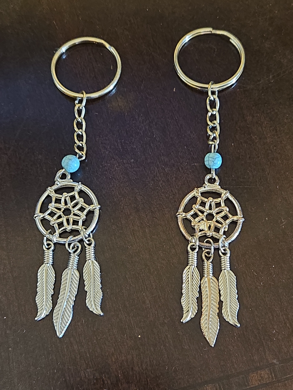 Silver Dreamcatcher Feather Keychain with Turquoise Bead - Women Accessories